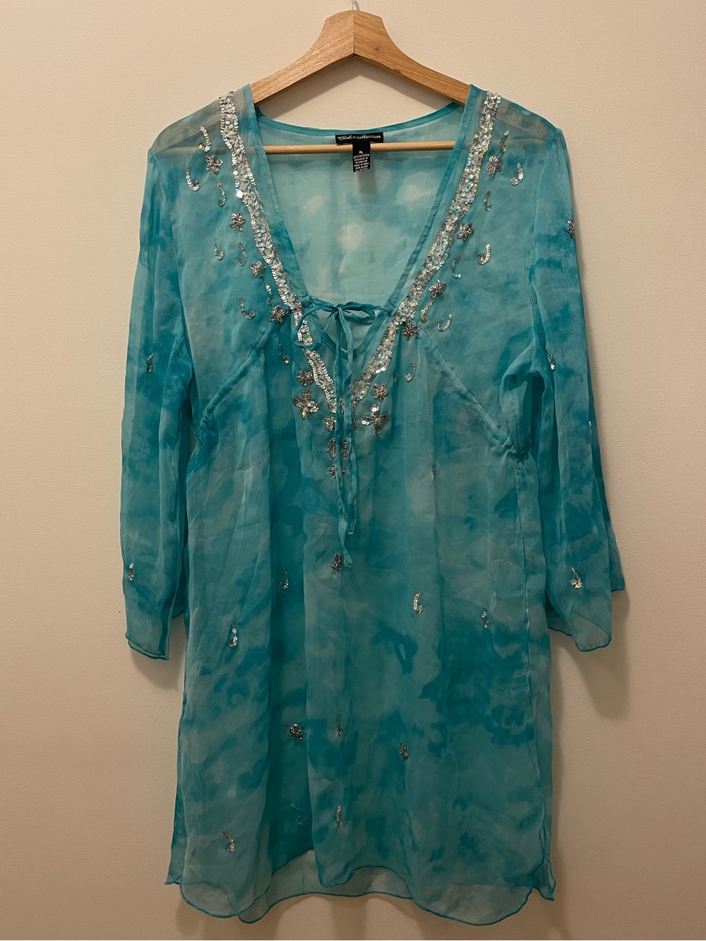 Embellished Aqua Sheer Swim Coverup Tunic by Unknown Brand